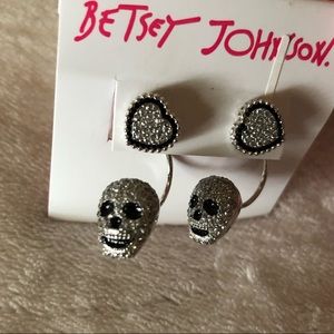 Betsey Johnson Silver Skull and Heart Earrings